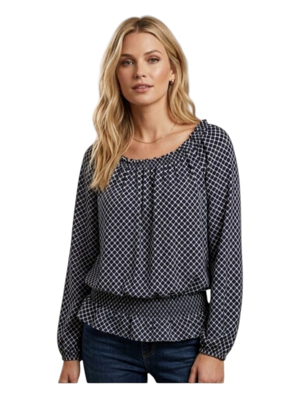 CHAUS Blouse Shirred Waistband Large Black White Geometric Print